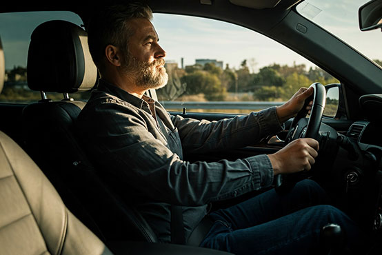 Man-driving-a-car-in-Orlando-on-a-sunny-day-with-bright-sunlight-visible.